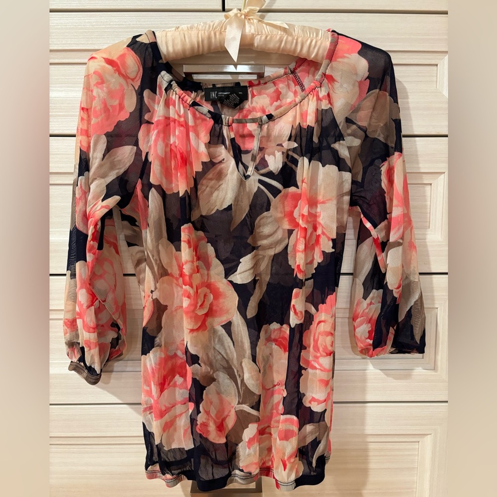 Floral NAVY Blue Sheer Blouse with Pink & Beige Flowers